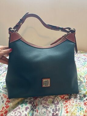 Dooney & Bourke Denim Blue Pebble Leather Shoulder Bag with Brown Trim